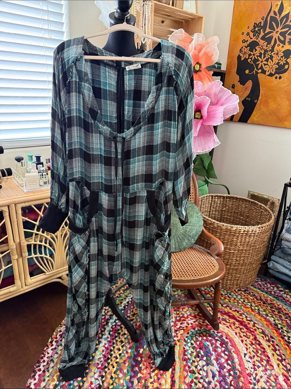 Free People Intimately Fallin' For Flannel Blue Combo Cozy Boho Lounge Jumpsuit